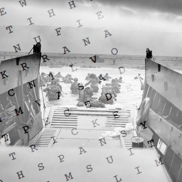 Soldiers at the D Day landing overlayed by letters from the wartime wordsearch