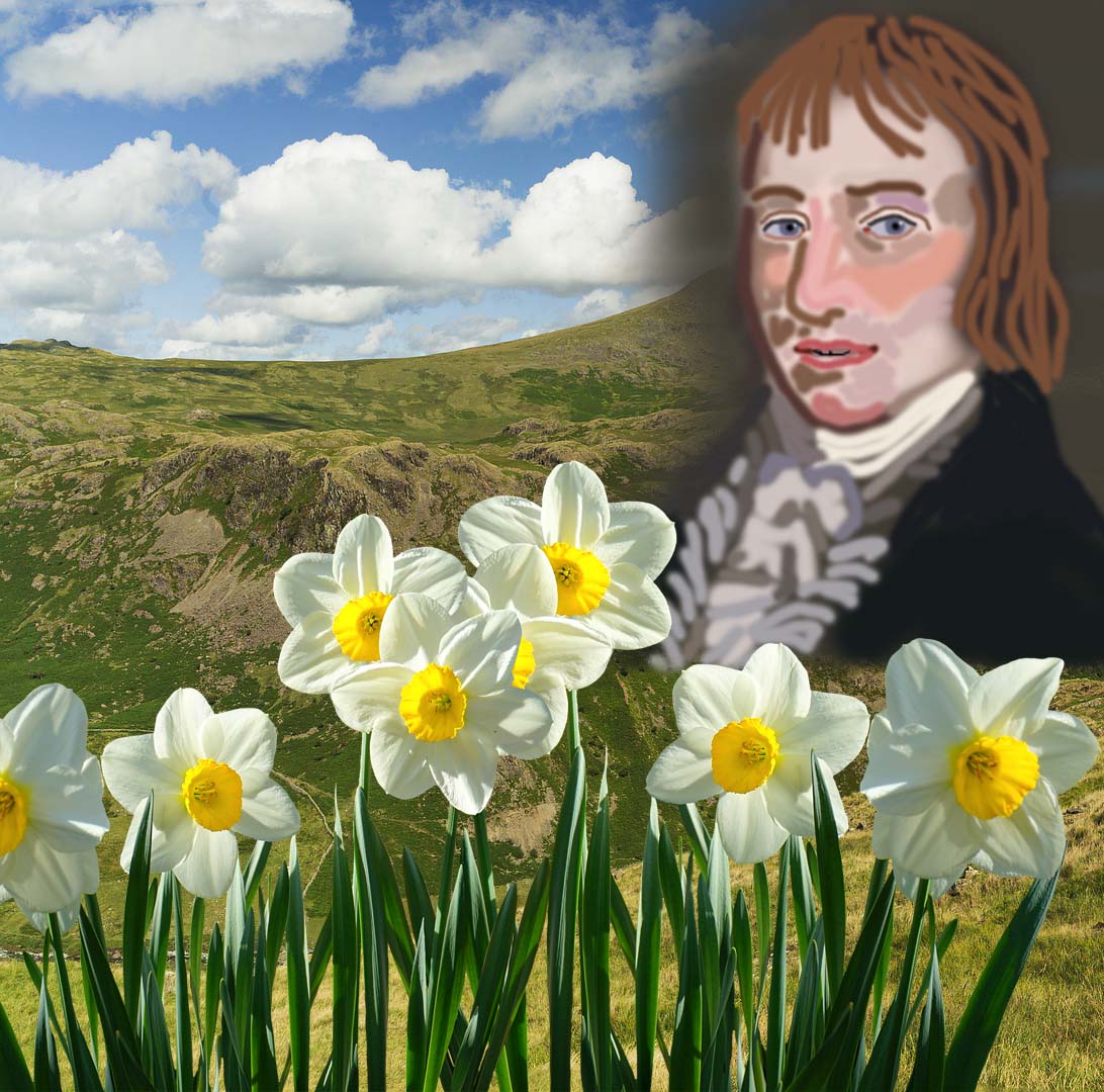 A drawing of William Wordsworth next to green hills and daffodils