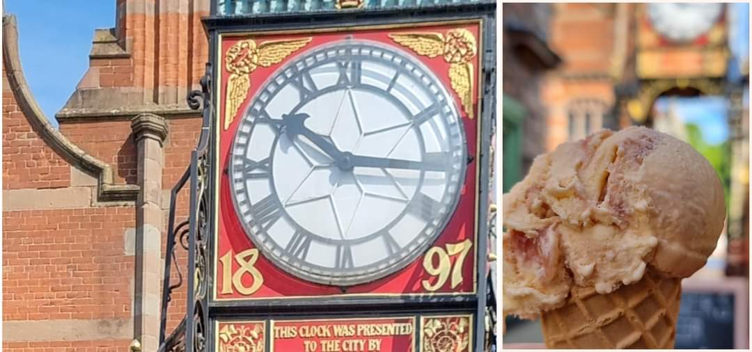 Chester Eastgate clock at 10:15am and an ice cream on a cone.